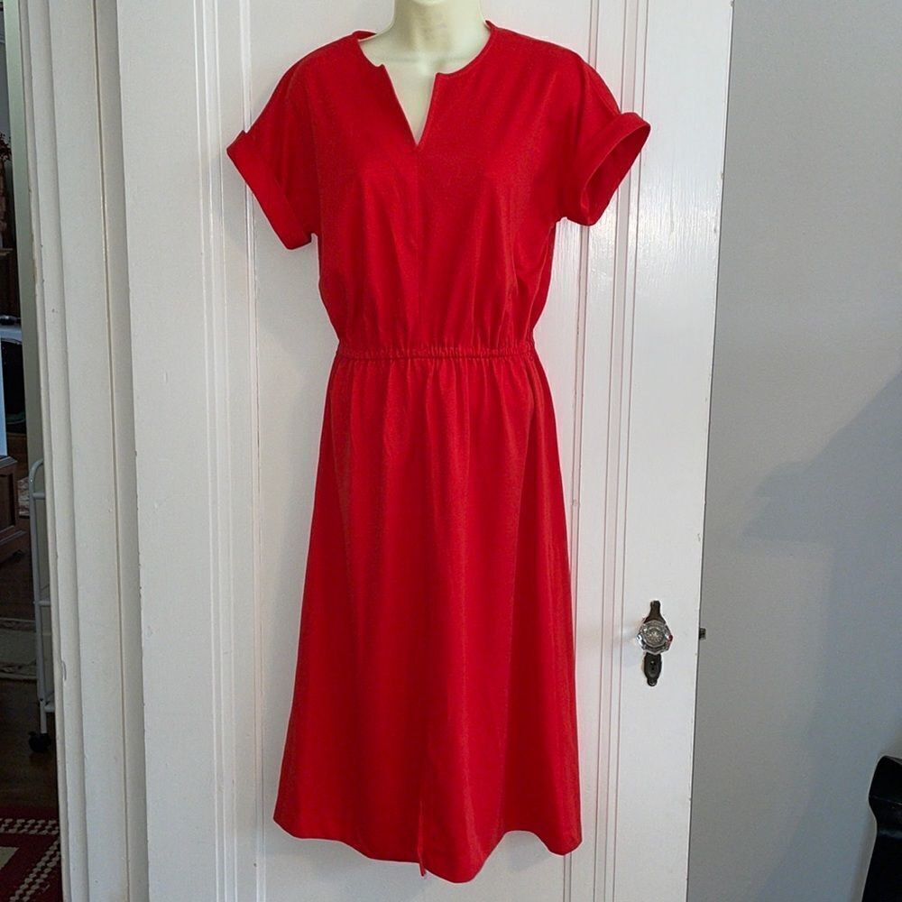 Vtg 70s Melissa Lane red polyester knit cap sleeved dress